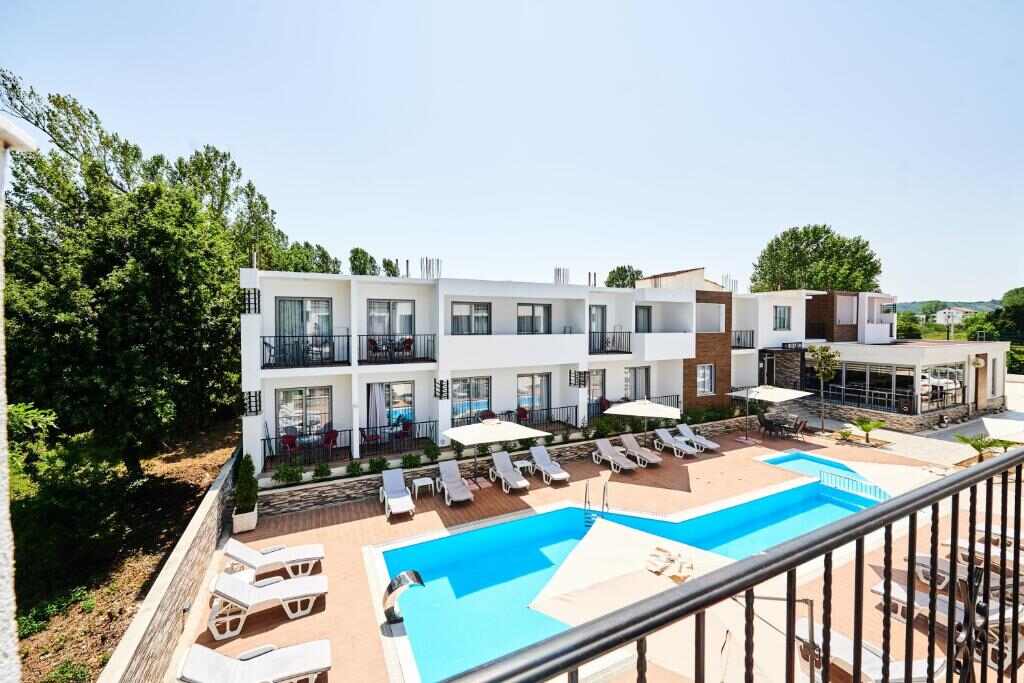 Hotel Halibas building and pool seen from a balcony, Velika Plaza, Ulcinj